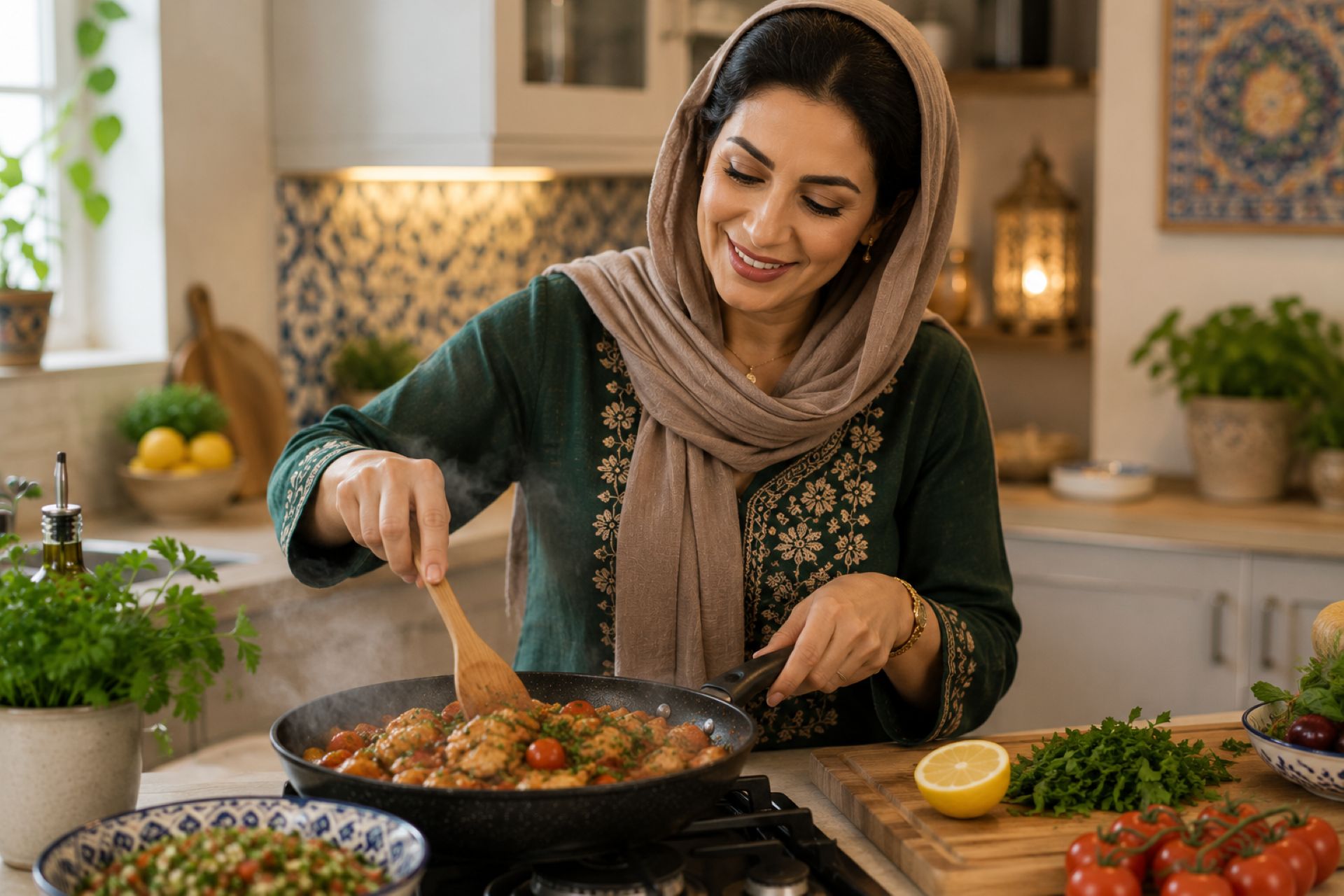 Cooking a fresh homemade meal in a warm kitchen