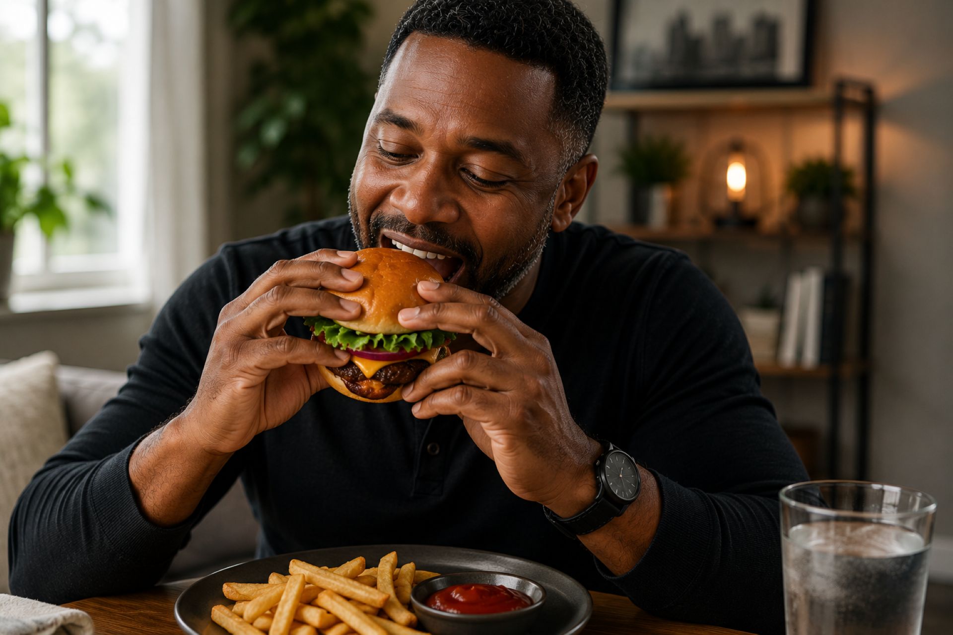 Enjoying a hamburger as part of a balanced realistic lifestyle