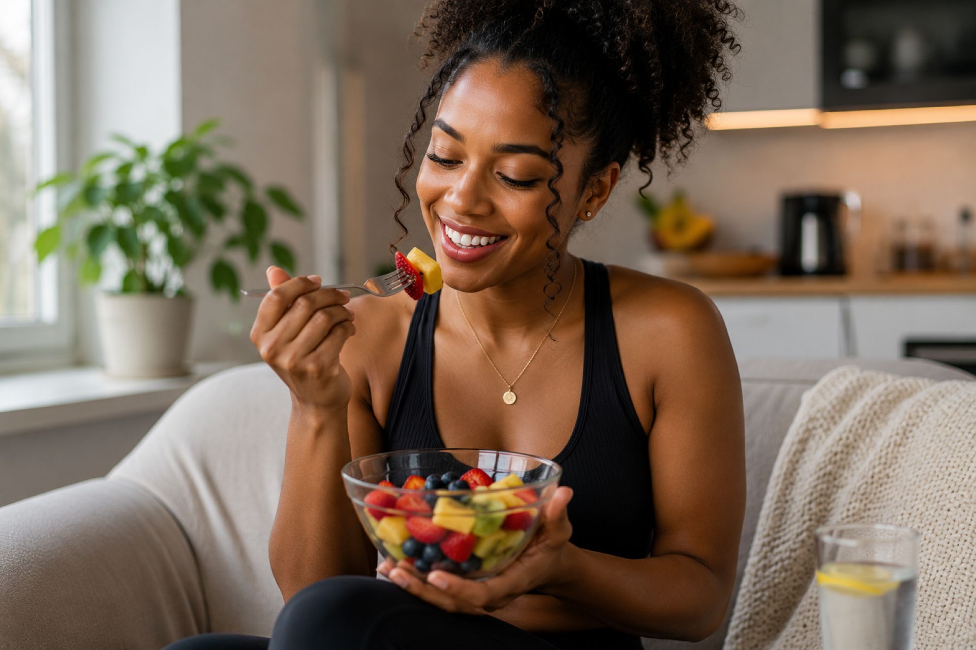 Enjoying fresh fruit in a cozy home setting