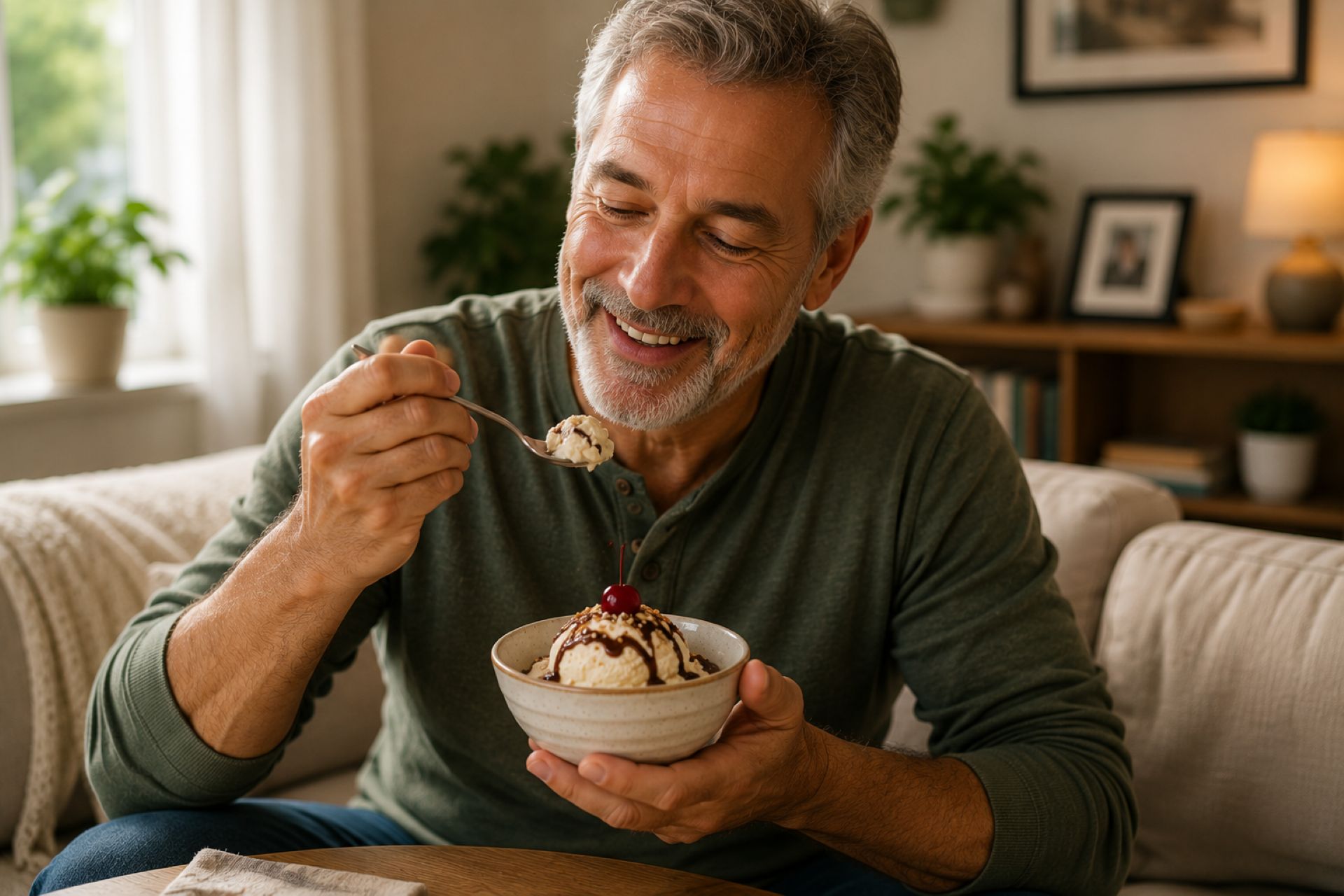 Enjoying ice cream in a comfortable home setting
